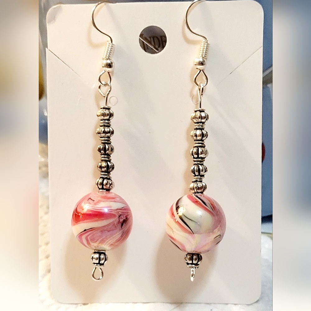 Handmade Pink, Black And White Swirl Beaded Earrings
